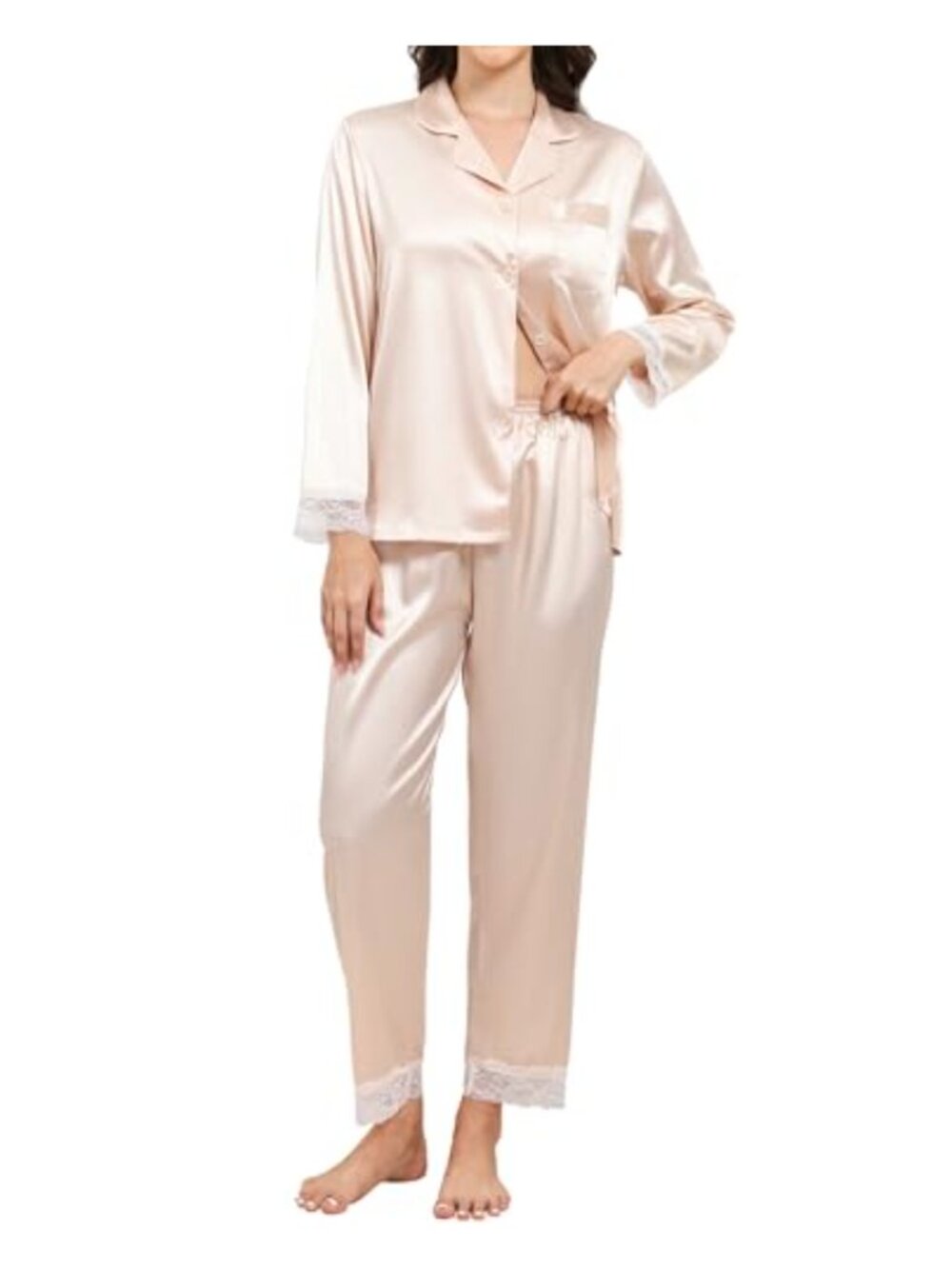 Women's Silk Satin Pajama Set Long Sleeve Button Down Lace Pants Soft Pjs